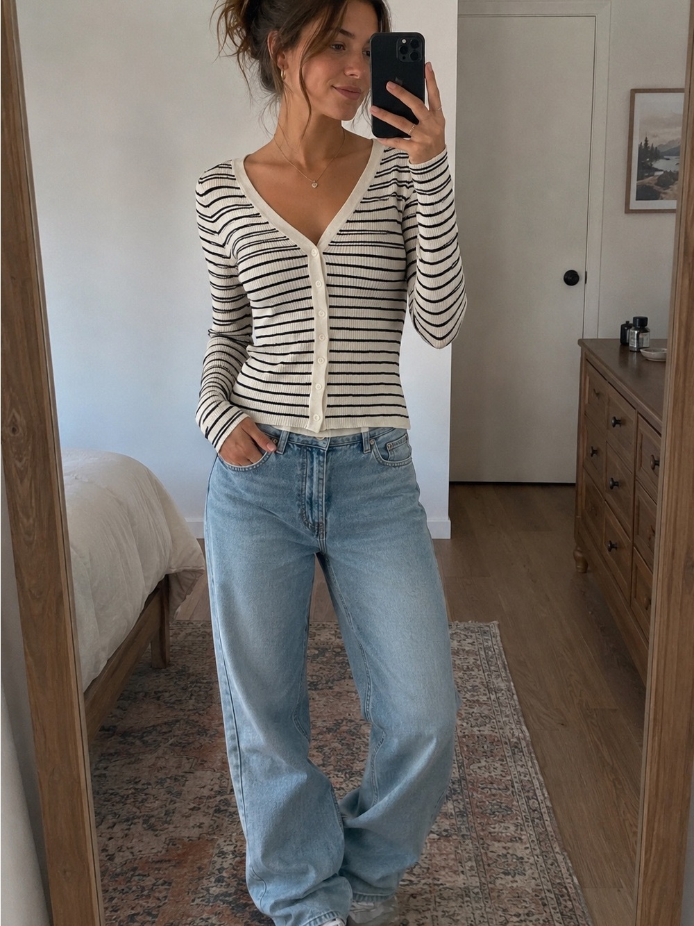 Urban Outfitters Black White Striped Ribbed Cardigan Sweater Size Small Y2K